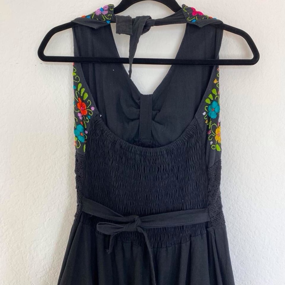 Vintage 90s Black Halter Floral Embroidered Handkerchief Midi Dress Small - Picture 6 of 6